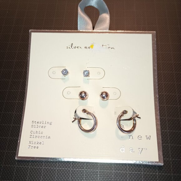 NEW A New Day™ Sterling Cubic Zirconia Silver Ball/ Studs/Hoop Trio Earring Set - Picture 2 of 6